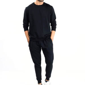 Black <b>Tracksuit</b> Solid Color Full Sleeve Crew Neck Casual Wear Autumn Season Breathable 100% Cotton Regular Fit With Side Pockets - Product Image 1