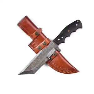 Cuchillo de caza recto Burraq personalizado hecho a mano de acero de Damasco con espiga completa y funda de cuero, OEM, DIY, regalo de aniversario, regalo para padrino de boda - Product Image 1