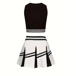 Tenue de cheerleading pour adulte, sans manches, noire et blanche, style jupe, robe de performance avec pompons - Product Image 2