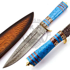 Nouvelle édition de couteau de chasse en acier Damas personnalisable, manche en laiton avec pierre turquoise bleue, lame fixe, couteau de camping, couteau de survie - Product Image 2