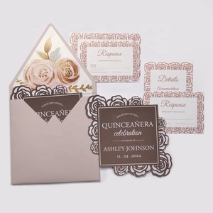 Conjunto de Invitaciones Personalizadas para Quinceañera, Tarjeta Acrílica con Espejo y Rosas Cortadas con Láser, Sobre con Forro Floral, Tarjetas RSVP y de Detalles - Product Image 3