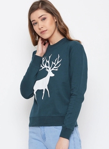 Sudadera de cuello redondo para mujer con estampado de ciervo blanco, top informal de invierno de algodón azul oscuro - Product Image 2