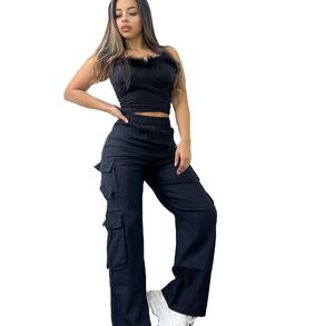 Pantalones de cintura alta, ropa de calle, pantalones Cargo de 6 bolsillos, pantalones Cargo de cintura alta de algodón 100% para mujer, pantalones Cargo de moda lisos para mujer - Product Image 2