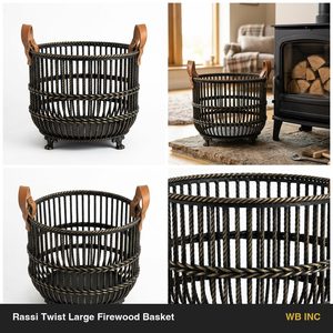 Cesta Grande Hecha a Mano de Alambre de Hierro de 46 cm, Negra con Acabado de Latón Antiguo, Diseño de Trenzado Vertical Rassi, para Decoración del Hogar y Uso en Garajes - Product Image 5