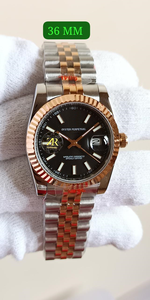 Montre mécanique de luxe 36 mm de haute qualité bicolore, cadran noir, index lumineux, lunette cannelée or rose, style hip-hop - Product Image 2