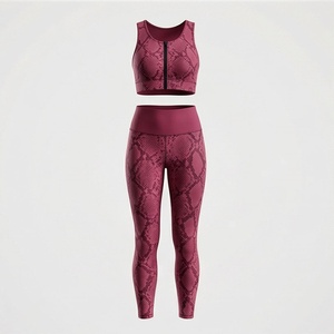 Women's 2 Piece Yoga Set Maroon Animal Print Zip Front Crop Top High Waist Full Length <b>Leggings</b> - Product Image 1