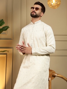 <b>Men</b> Cream Cotton <b>Kurta</b> Pajama Set Regular Fit Traditional Indian Pakistani Ankle-Length Casual Wear - Product Image 5