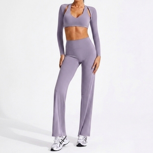Ensemble de yoga 3 pièces pour femmes, col rond, dos nu, fermeture à cordon, logo personnalisé, haute élasticité, anti-transpiration, coupe ajustée, fitness - Product Image 3