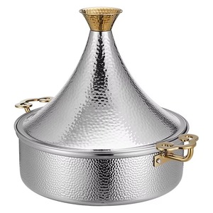 Cacerola Tagine de Acero Inoxidable de 33 cm, Diseño Redondo Martillado con Asas Doradas, Exterior Pulido y Duradero para Cocina de Gas e Inducción - Product Image 2