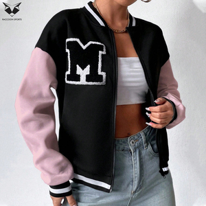 Women’s Black and Pink Letterman <b>Jacket</b> Embroidered M <b>Patch</b> Full Sleeve Zipper Front Turn Down Collar Casual Autumn Varsity Wear - Product Image 5