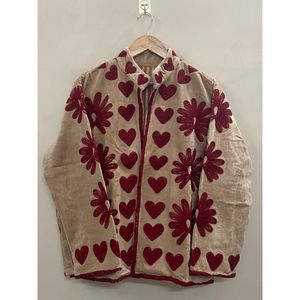 Hand Embroidered Breathable Eco-Friendly <b>Velvet</b> Knitted Cotton <b>Jacket</b> <b>Women</b> Mandarin Collar Full Sleeve Floral Pattern Open - Product Image 1
