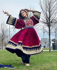 Nouvelle Robe Afghane pour Femme, Longueur Genou, Col Montant, Manches Lanterne, en Velours, Coupe Évasée, Broderie, Style Bohème Kuchi, pour Fête et Mariage - Product Image 3