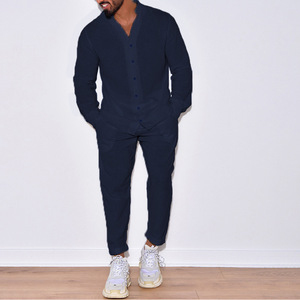 Polyester <b>Knitted</b> Breathable Casual Summer Solid Long Sleeve Shirt Overalls Long Pants Men's 2 Piece <b>Set</b> 320g - Product Image 1