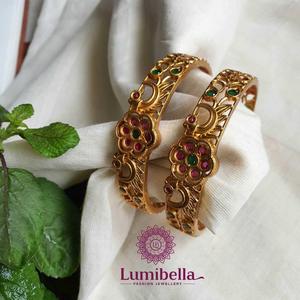 18K Gold Plated Brass and Wood Ethnic <b>Bangles</b> with Peacock Design - Product Image 1