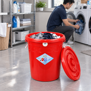 Multi-Use 45L <b>Laundry</b> Washroom Storage Barrel Tight Fit <b>Lid</b> Carrying Handles Dirty Clothes Utility <b>Hamper</b> Drum - Product Image 1