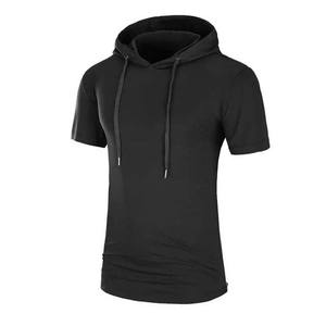 Sweat-shirt à capuche uni personnalisé pour homme, manches courtes, respirant, en tissu tricoté écologique, brodé, coupe classique - Product Image 3