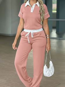 Women's Pink 2-Piece Casual Set Short Sleeve Polo Top With Drawstring Pants Solid Color Breathable Knitted Daily Wear Spring Sum - Product Image 2