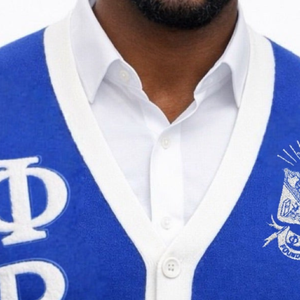 Phi Beta Sigma Blue <b>Cardigan</b> <b>Sweater</b> Men Greek Letter Embroidered Button Down Premium Knit Fraternity Apparel 1914 Classic Style - Product Image 2