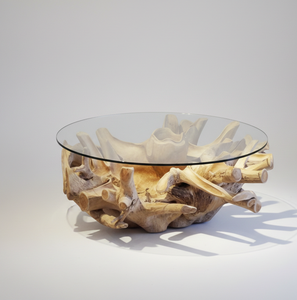 Contemporary Modern Keysha Root Coffee <b>Table</b> <b>Solid</b> Teak Root Construction Striking Glass-<b>Top</b> Round Durable Living Room Furniture - Product Image 1