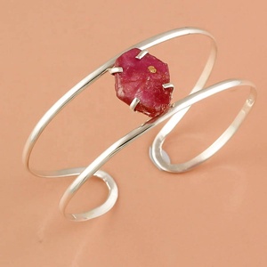 925 Sterling Silver Cuff Bracelet <b>Bangle</b> With Natural Pink Rose Quartz Crystal Stone Statement Women's Jewelry Everyday Wear - Product Image 3