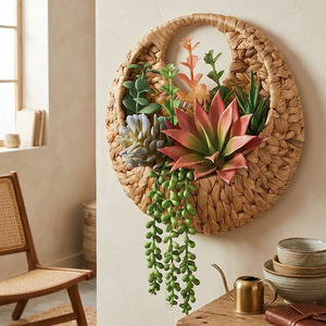 Jardinière murale ronde en rotin avec succulentes artificielles, style bohème, décoration de jardin, lumière murale - Product Image 2
