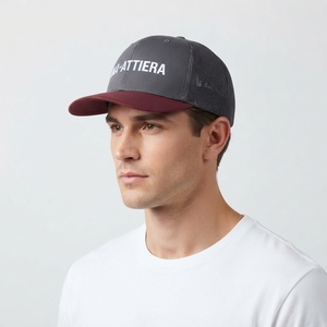 Gorra Trucker Gris para Hombre con Visera Borgoña, Logotipo Bordado en Blanco, Malla Trasera y Cierre a Presión - Product Image 2