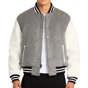 Veste varsity en laine mélangée grise pour homme avec manches blanches et fermeture éclair, vêtement décontracté pour l'automne - Product Image 6