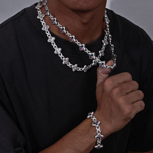 Collier à maillons en forme de fleur de trèfle en moissanite, chaîne de bijoux hip-hop glacée, collier statement style pierres précieuses colorées pour hommes et femmes - Product Image 3