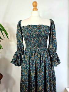 Midi Paisley <b>Emerald</b> Green Floral Silk Blend <b>Dress</b> Colourful Summer Elegant Comfy Wedding - Product Image 4