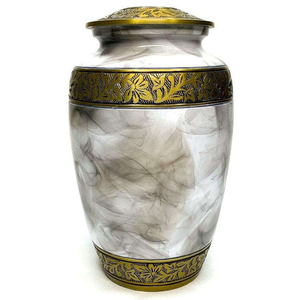 Handcrafted Aluminium Cremation Urn White Grey Marble Finish Memorial Ashes Urn with Etched Gold Bands - Product Image 1