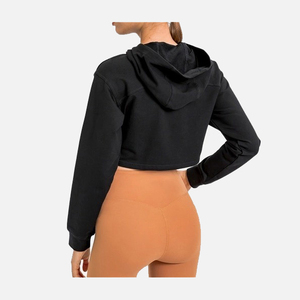 Sweat-shirt court à capuche noir pour femme, manches longues, couleur unie, tricoté, respirant, pour l'automne, 100% coton, coupe classique - Product Image 2