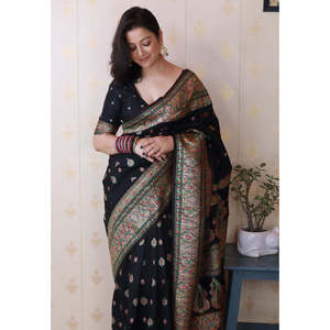 Shivani's Jade Black Pashmina Kashmiri Silk Saree with Zari Woven and <b>Ethnic</b> <b>Scarves</b> & <b>Shawls</b> - Product Image 3