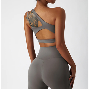 Female Fitness Sports <b>Bra</b> Neck Sports <b>Bra</b> Women Medium Support Yoga Activewear Gray One Shoulder <b>Spaghetti</b> <b>Strap</b> Top Sport <b>Bra</b> - Product Image 2