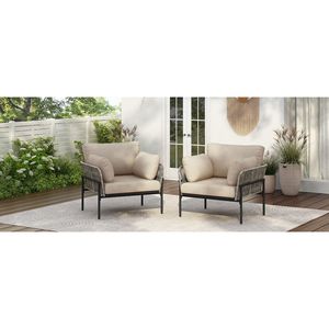 Set di 2 sedie lounge in ferro beige da 36 pollici con design in corda intrecciata e cuscini morbidi per il relax all'interno e all'esterno - Product Image 3