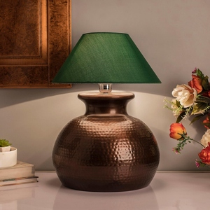 Antique design Hammered Copper Table Lamp Modern Emerald Green Fabric Shade <b>Rustic</b> Metal Bedside Light Vintage Nightstand <b>Decor</b> - Product Image 4