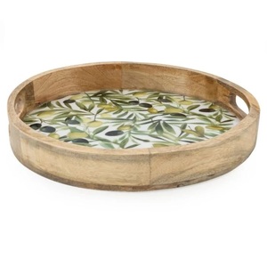 Bandeja de Desayuno de Madera Esmaltada con Diseño Mediterráneo de Hojas de Olivo, Bandeja de Servir Premium Hecha a Mano - Product Image 1