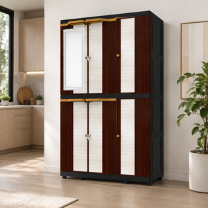 Naiba Mega Portable <b>Plastic</b> Cabinet/Wardrobe with Brown White Wood Style Doors & <b>Mirror</b> Suitable for Clothing & Bedroom Storage - Product Image 1