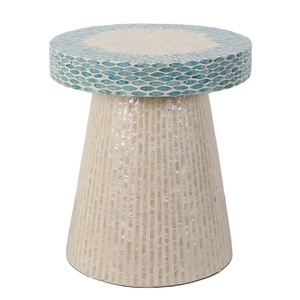 Blue Rim Tapered Pedestal Stools Mother of Pearl Handcrafted <b>Mosaic</b> Small Side Table For Living Room Bedroom Decor Use - Product Image 1