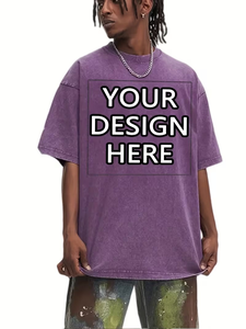 Custom Printed Chest Logo Personalized Front Silk Screen Printed Turtleneck Men's Washed Aged 100% Cotton T-Shirt 240g Jersey - Product Image 3