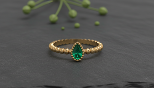 Bague artisanale en or 10 carats avec émeraude taille poire et verre, directement de l'usine, avec bande perlée délicate, bijoux à superposer - Product Image 4