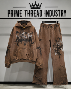 Ensemble de survêtement à capuche pour homme, marron, effet vieilli, manches longues, style streetwear, tenue d'hiver élégante, directement de l'usine - Product Image 1