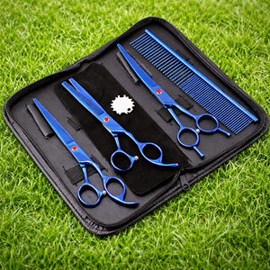 Juego de Tijeras de Peluquería Canina Profesionales de Acero Inoxidable Azul de Alta Calidad con Logotipo Personalizado, Incluye Tijeras de Entresacar y Peine - Product Image 1