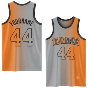 Maillot de basket personnalisé imprimé par sublimation, dégradé gris orange, antibactérien, respirant, sans manches, col rond. - Product Image 1