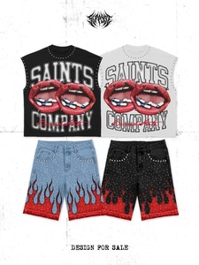 T-shirt sans manches TIFORD avec imprimé Saints Company, streetwear oversize pour homme, short en jean avec motif flamme - Product Image 1