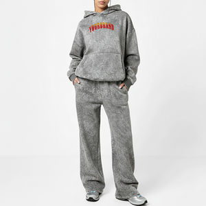 Conjunto de Sudadera con Capucha y Pantalones de Chándal de 2 Piezas para Mujer, con Encaje Sólido y Pedrería, Lavado Ácido, 100% Algodón, Bordado Personalizado, Estilo Urbano, Venta al por Mayor - Product Image 1