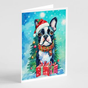 Whimsical Boston Terrier Tarjetas de felicitación de Navidad Paquete de 8 A7 Tamaño 5x7 Tarjetas de notas en blanco con sobres - Product Image 1