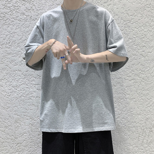 T-shirt en coton gris foncé surdimensionné pour homme, manches courtes, col rond, imprimé par transfert thermique, coupe classique, tricot jersey, lavable en machine - Product Image 2