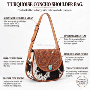 Cowgirl Brown Leather Crossbody Saddle <b>Bag</b> With Hair on Cowhide Panels Turquoise Stone And Floral Tooling Western Shoulder Purse - Product Image 3