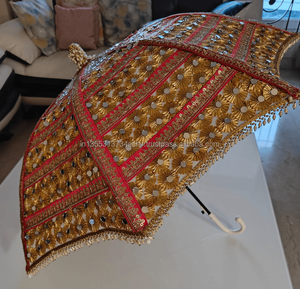 Parapluie indien traditionnel fait main en soie Gota Patti, design Art Déco, pliable, 24 pouces, poignée en métal, ouverture manuelle - Product Image 2