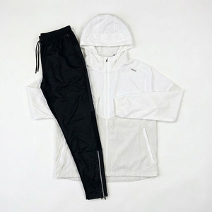Men's Contrast White <b>Black</b> 2-Piece Eco-Friendly Streetwear Hooded Windbreaker Jacket Track <b>Pants</b> Set Lightweight Athletic - Product Image 1